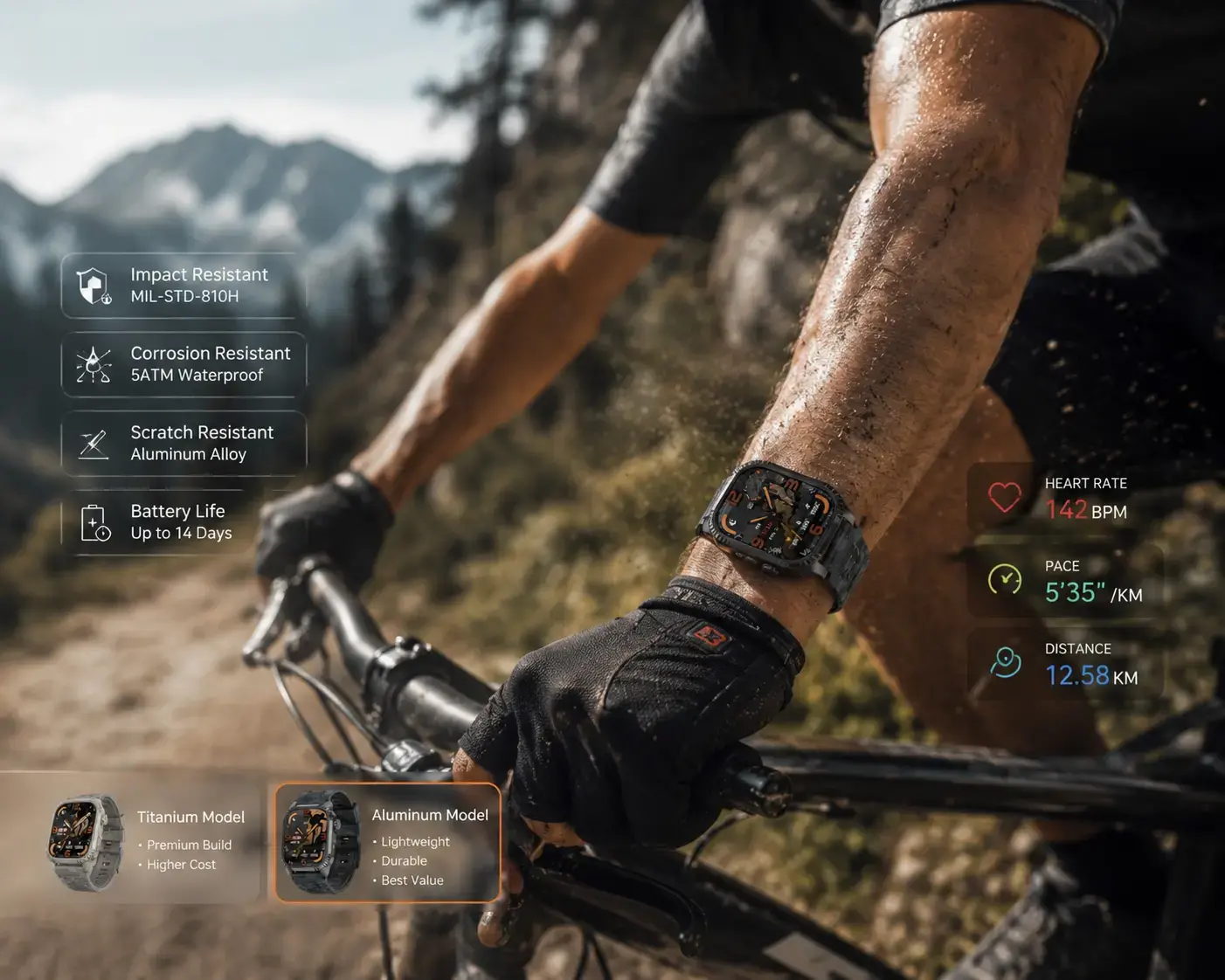 Cyclist using durable smartwatch outdoors. Cyclist using durable smartwatch outdoors.