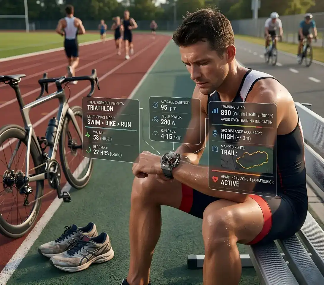 Athlete reviewing advanced smartwatch training metrics Athlete reviewing advanced smartwatch training metrics
