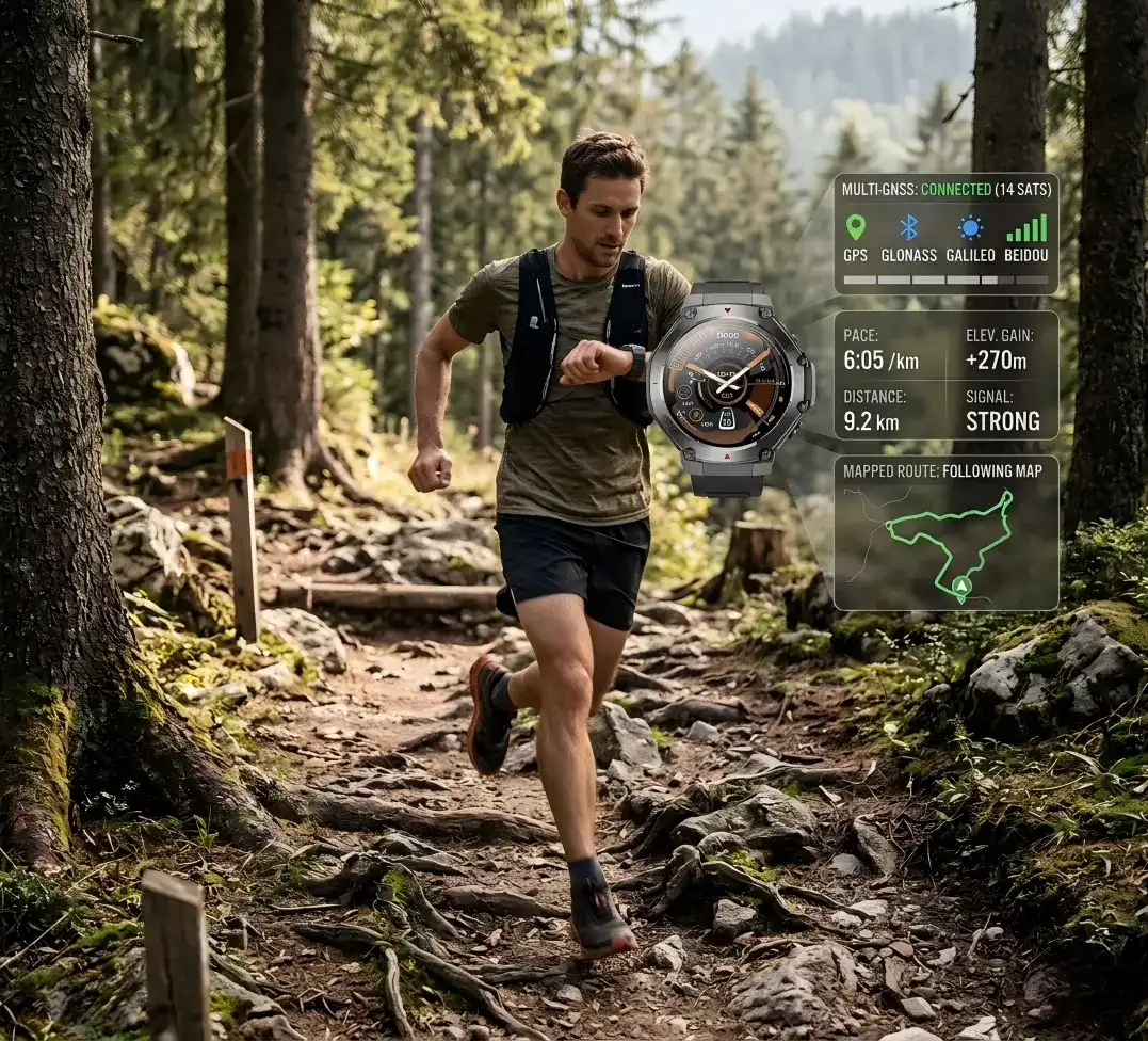 Runner using GPS smartwatch navigation on trail Runner using GPS smartwatch navigation on trail