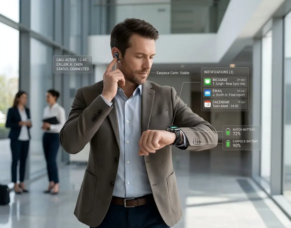 Professional using detachable earpiece smartwatch.