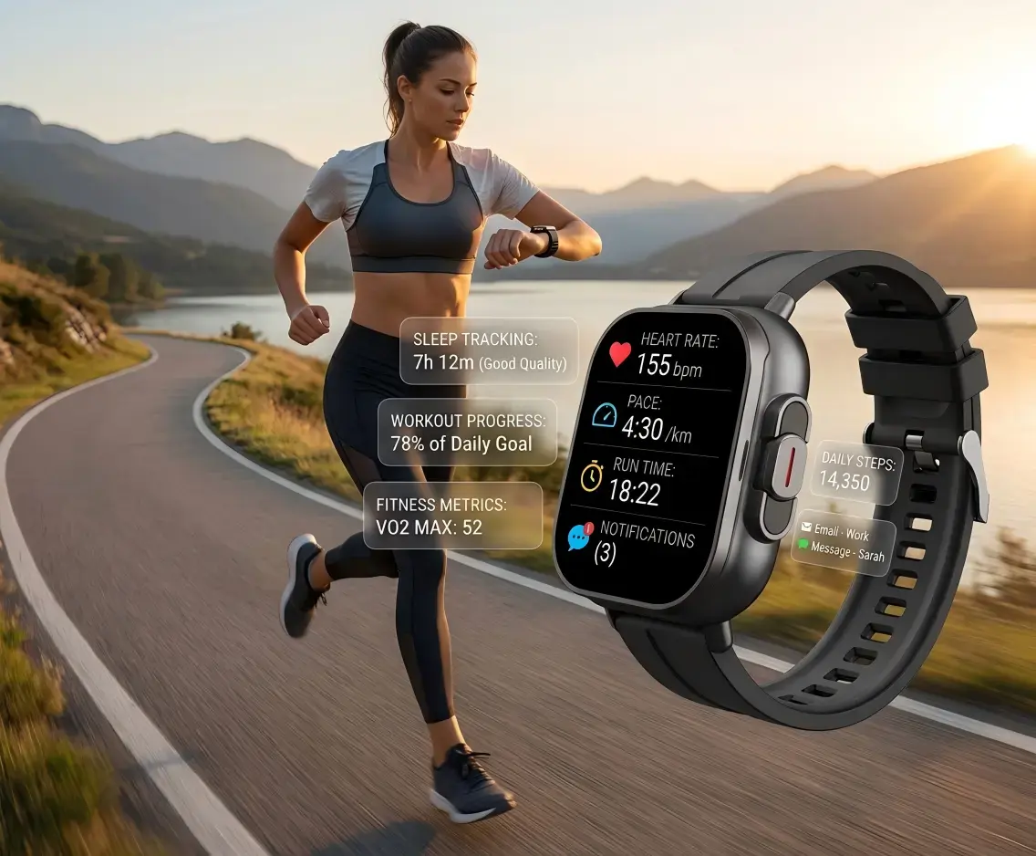 Runner checking fitness data on smartwatch. Runner checking fitness data on smartwatch.