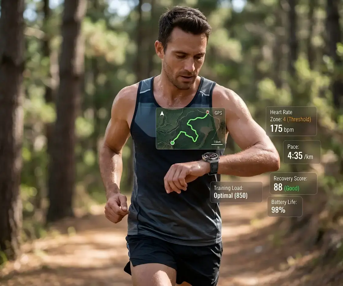 Runner checking training data on smartwatch. Runner checking training data on smartwatch.