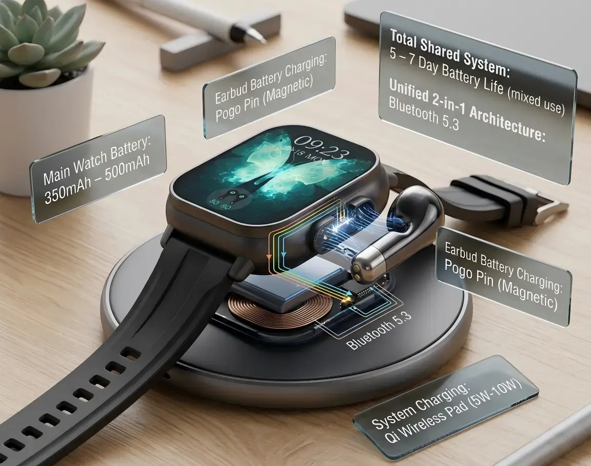 2 in 1 Watch charging earbuds with magnetic dock.