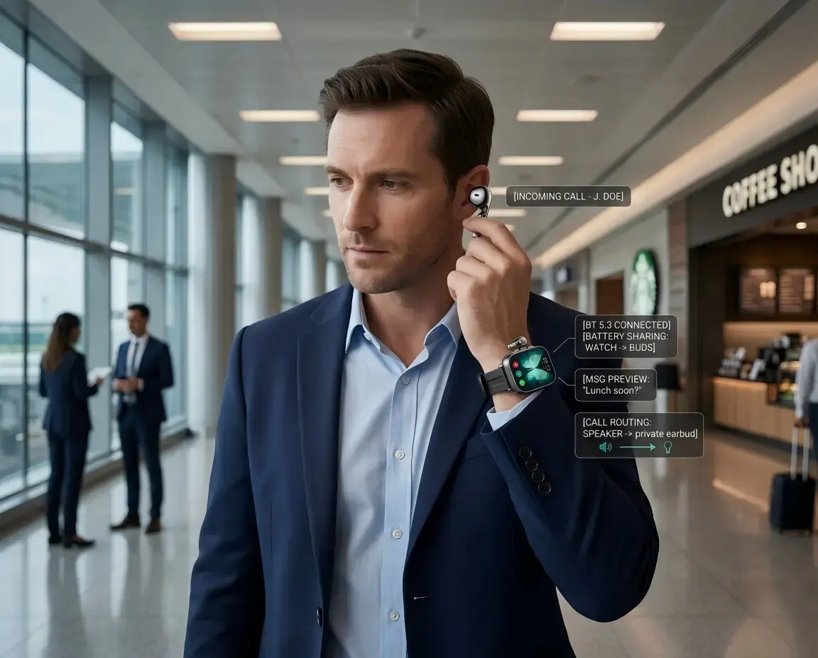 Worker switching from 2 in 1 watch call to earbud call. Worker switching from 2 in 1 watch call to earbud call.