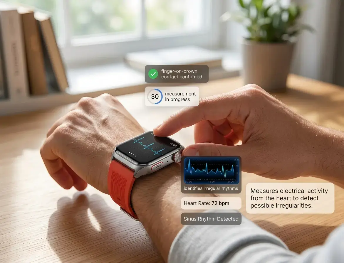 Person recording ECG with smartwatch sensor.