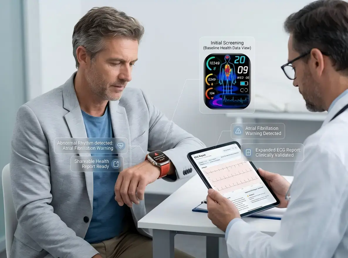 Doctor reviewing ECG Health smartwatch ECG alert.