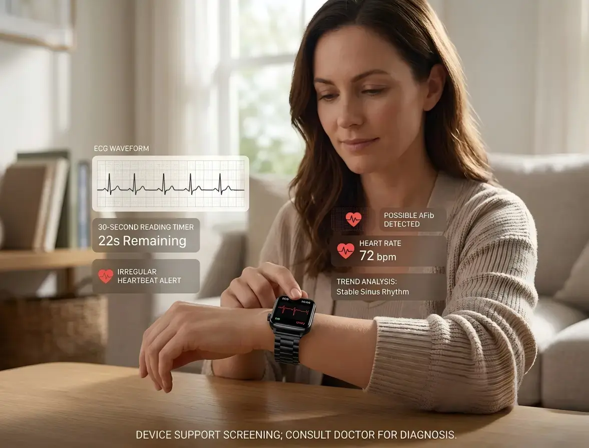 User recording ECG rhythm on smartwatch. User recording ECG rhythm on smartwatch.