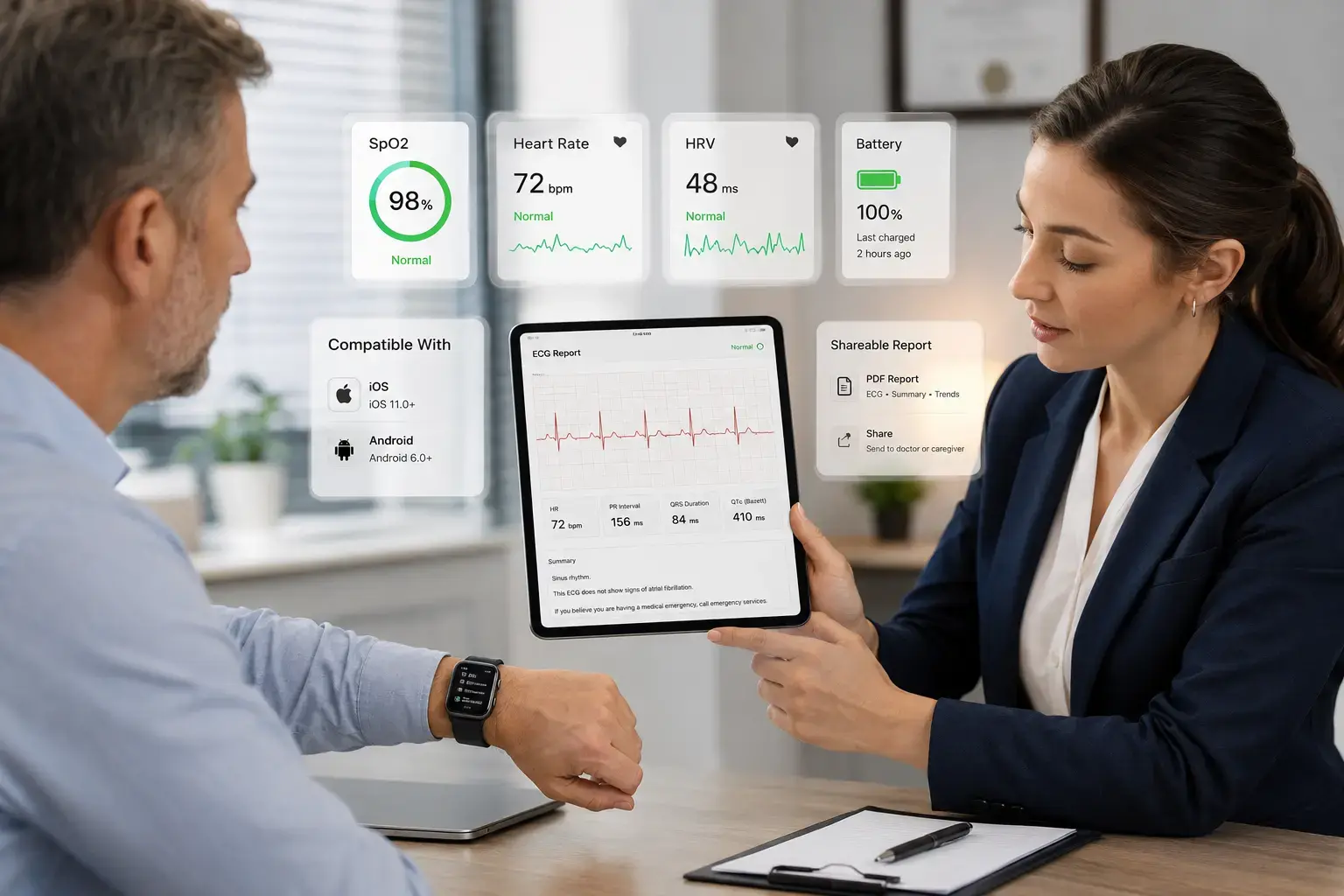 Clinician reviewing ECG Sport smartwatch data. Clinician reviewing ECG Sport smartwatch data.