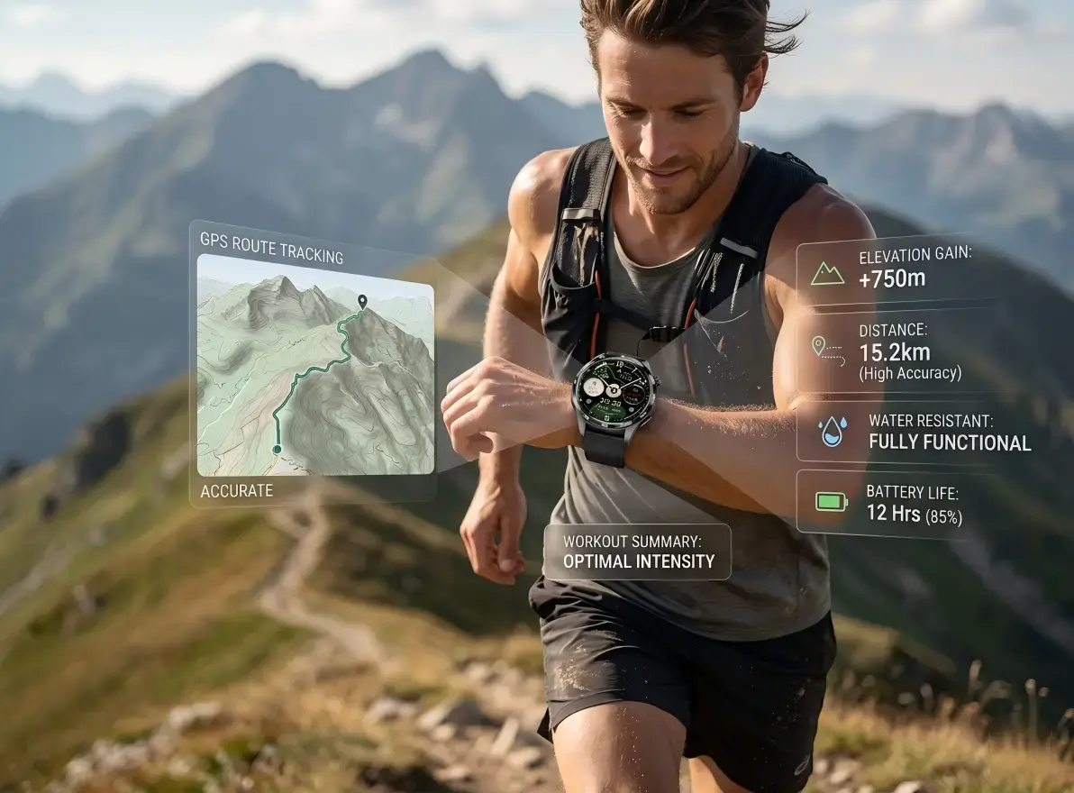 Cyclist using smartwatch GPS tracking outdoors.