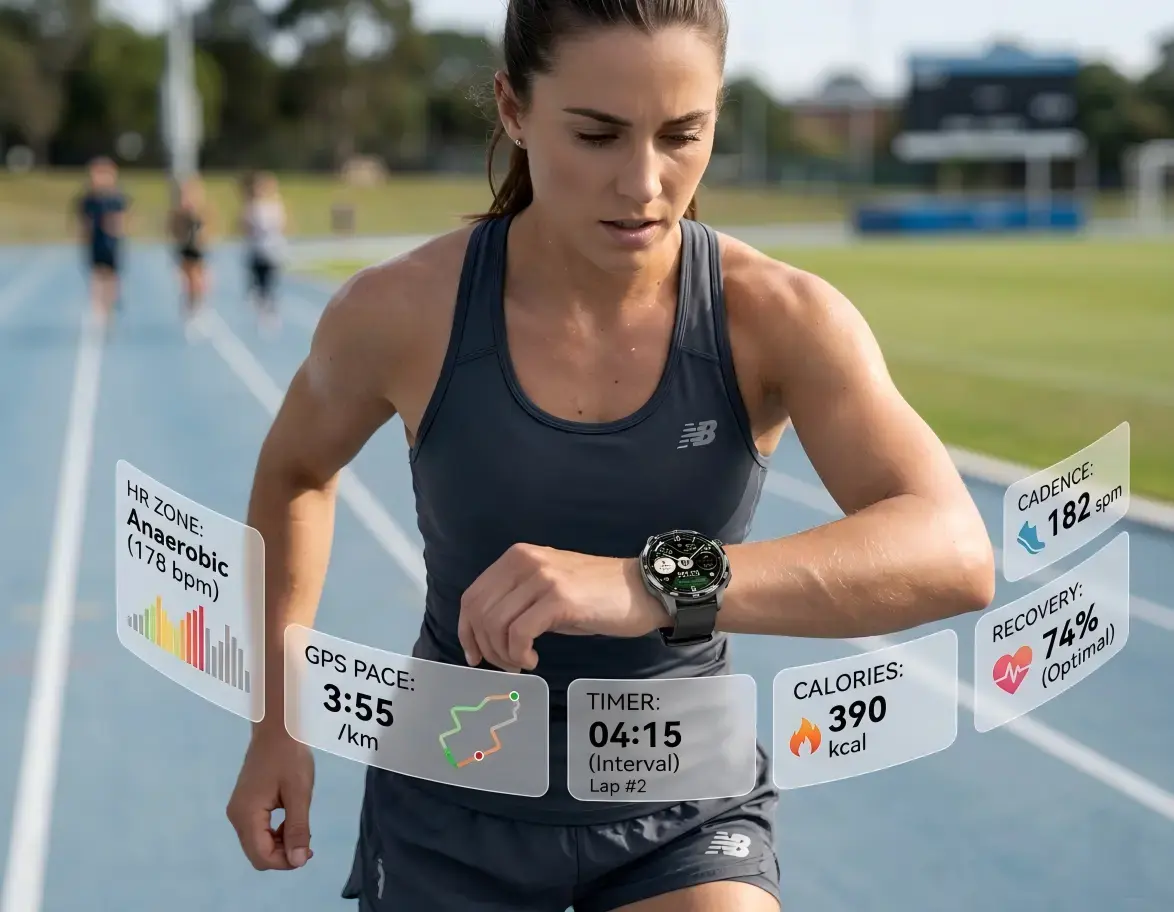 Athlete checking heart rate and pace data.