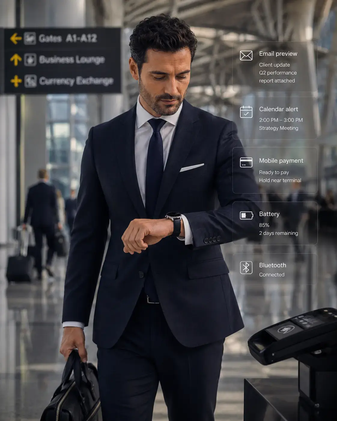 Business traveler using watch for email and payment.