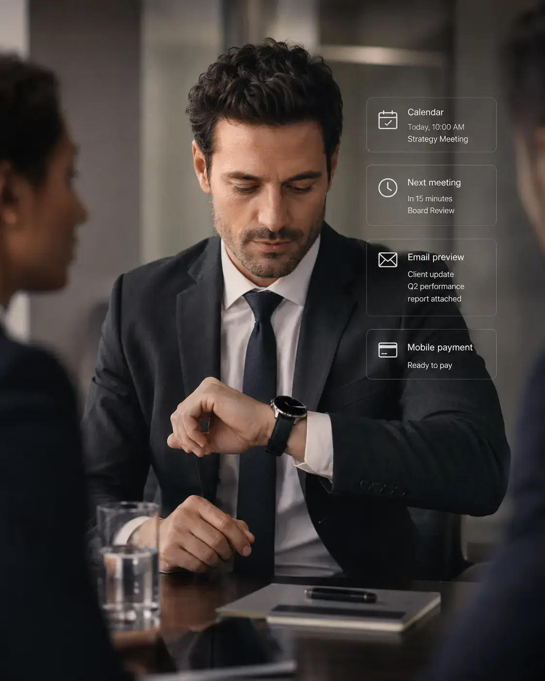 Professional checking schedule on business watch in meeting.