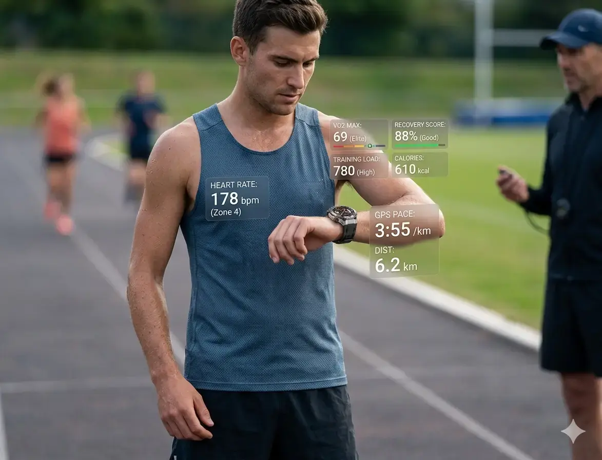 Runner checking heart rate and pace data.