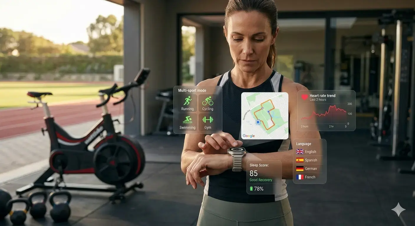 Coach reviewing multi-sport smartwatch data. Coach reviewing multi-sport smartwatch data.