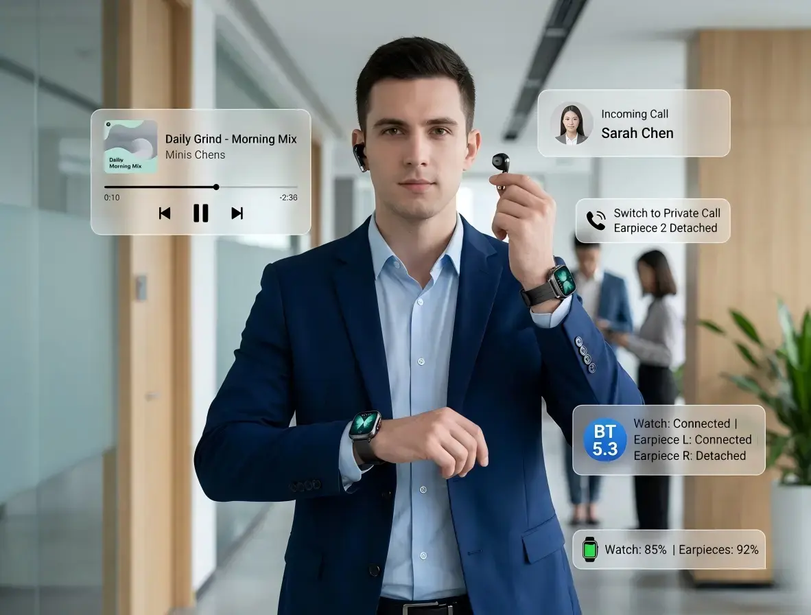 Worker switching from music to private call.