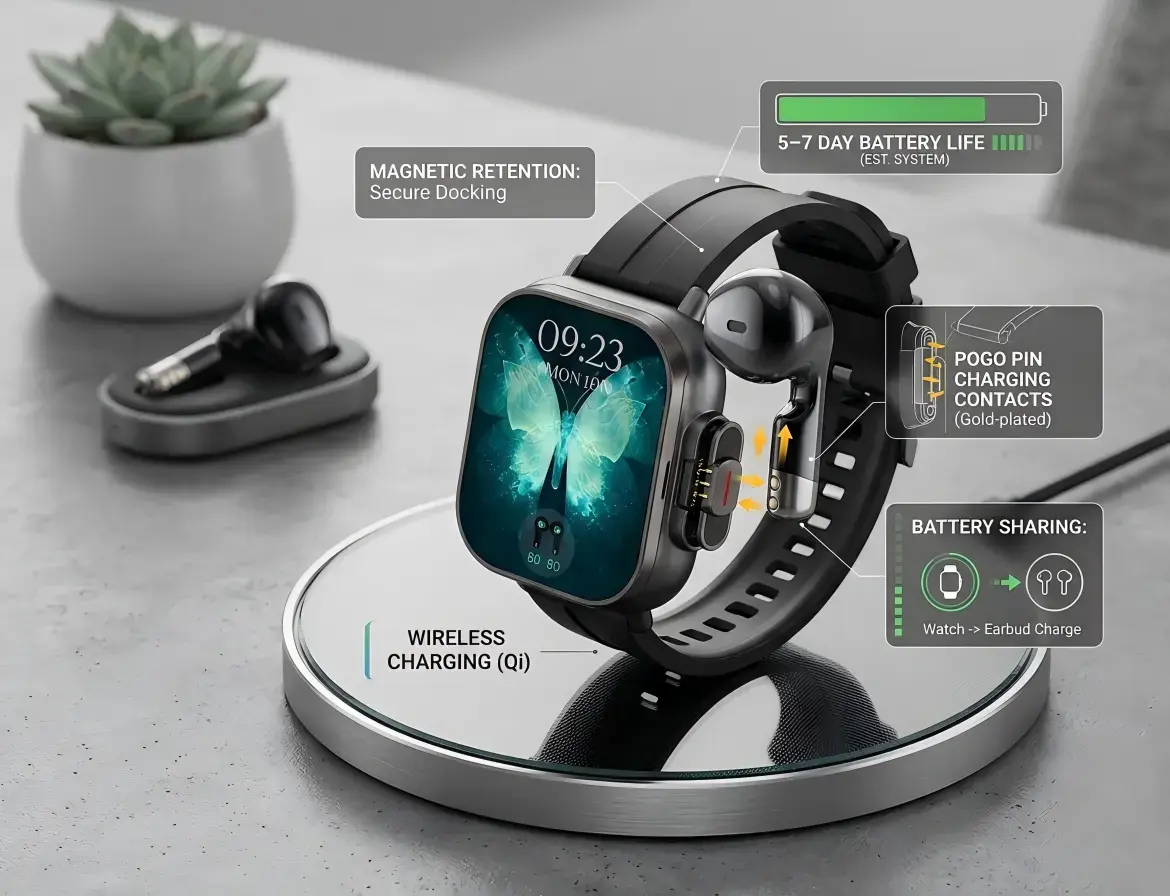 Smartwatch charging earbuds in dock.
