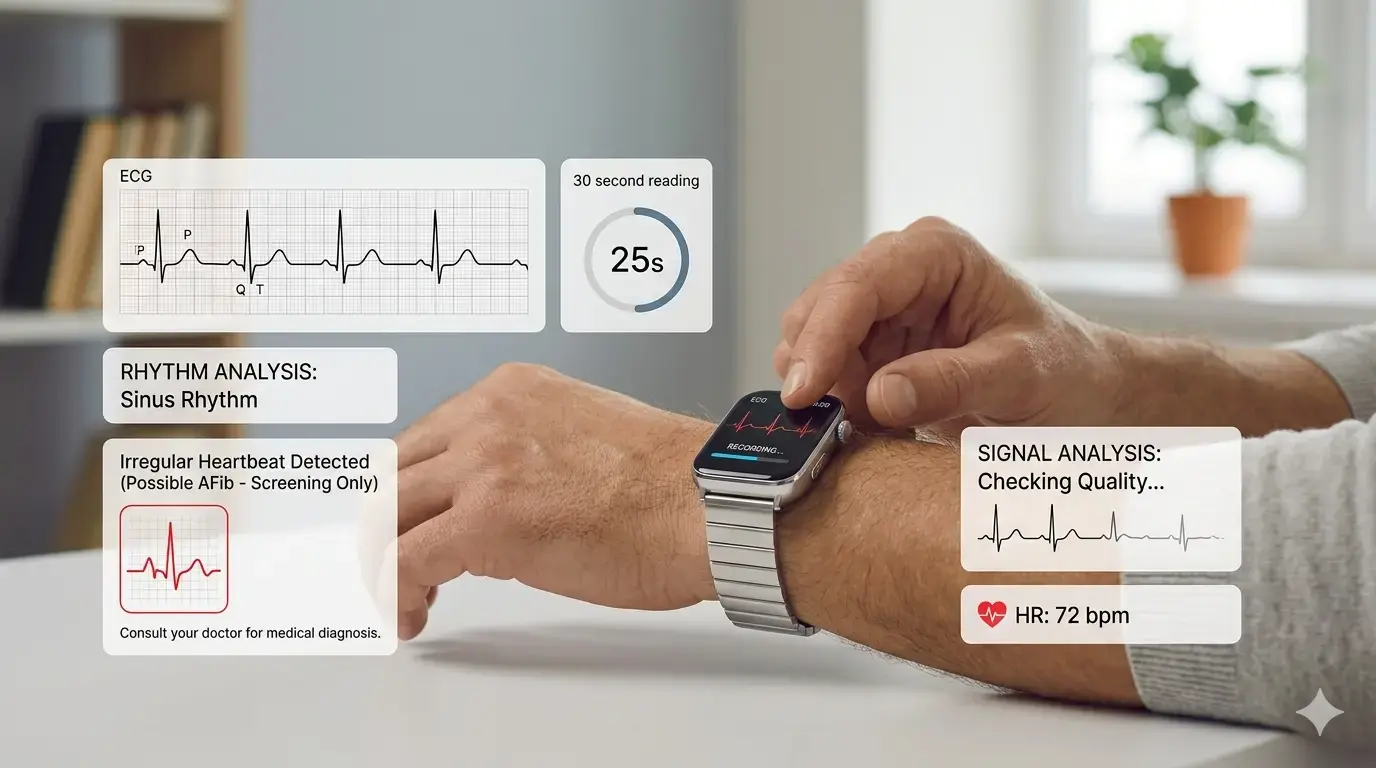 User recording ECG rhythm on smartwatch. User recording ECG rhythm on smartwatch.