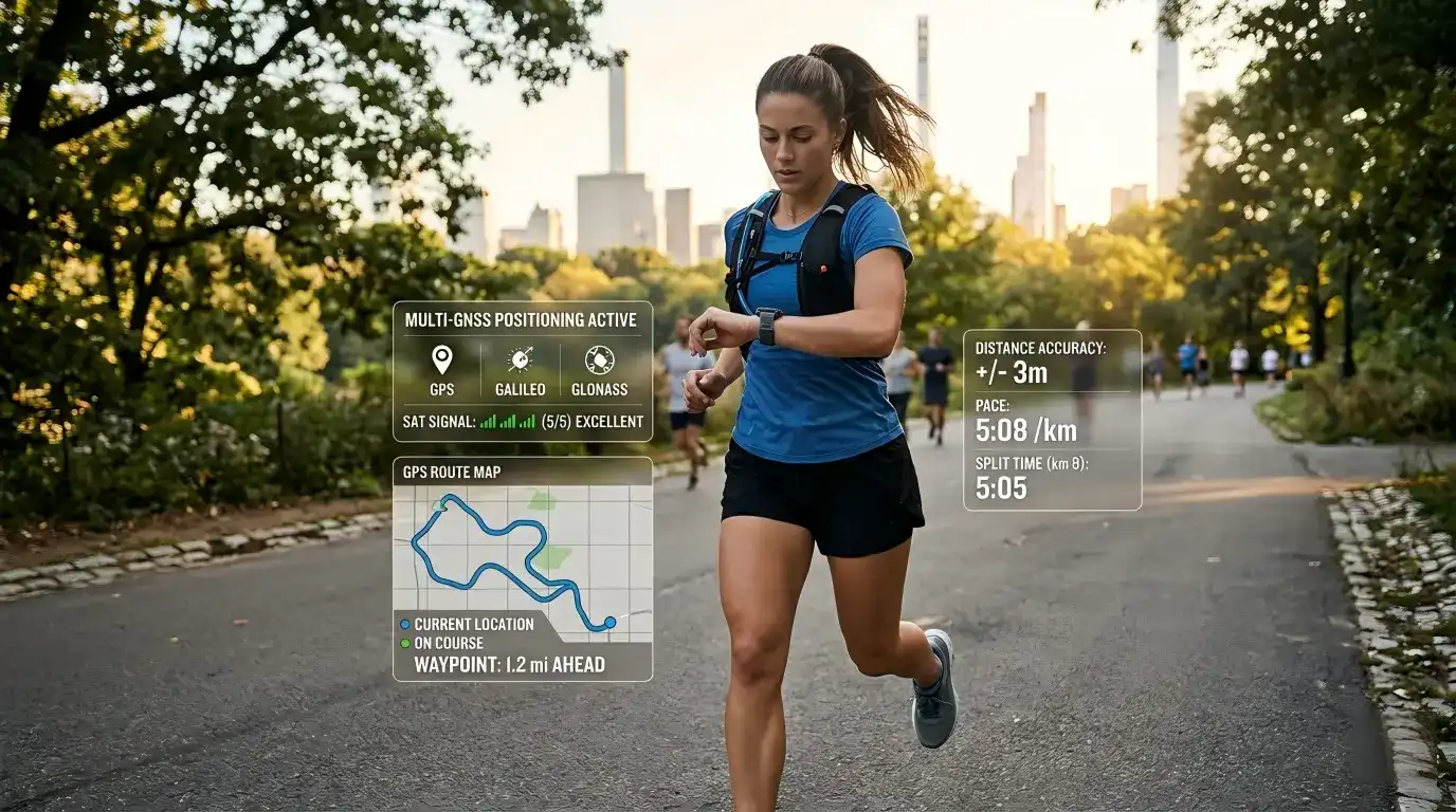 Runner checking route accuracy on smartwatch.