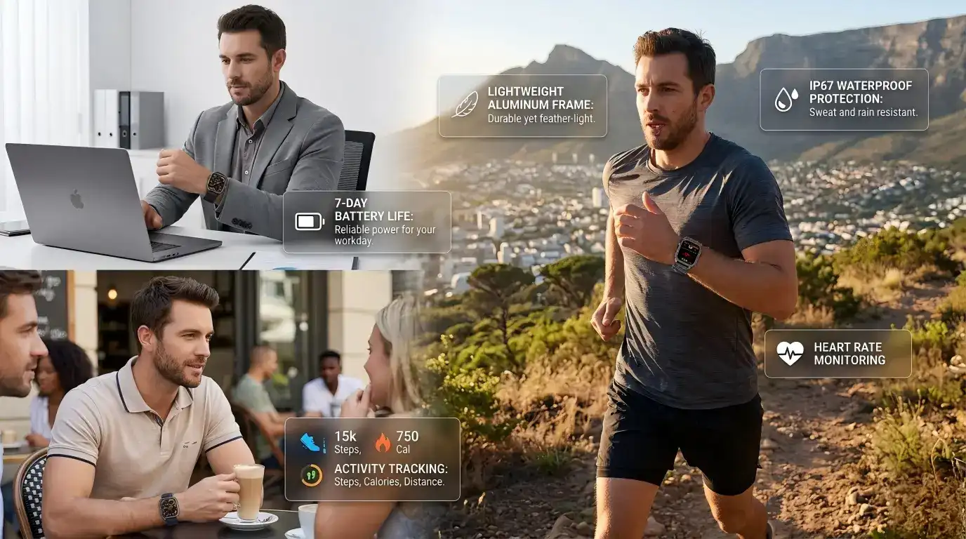 Premium aluminum smartwatch used in daily lifestyle and fitness scenarios. Premium aluminum smartwatch used in daily lifestyle and fitness scenarios.