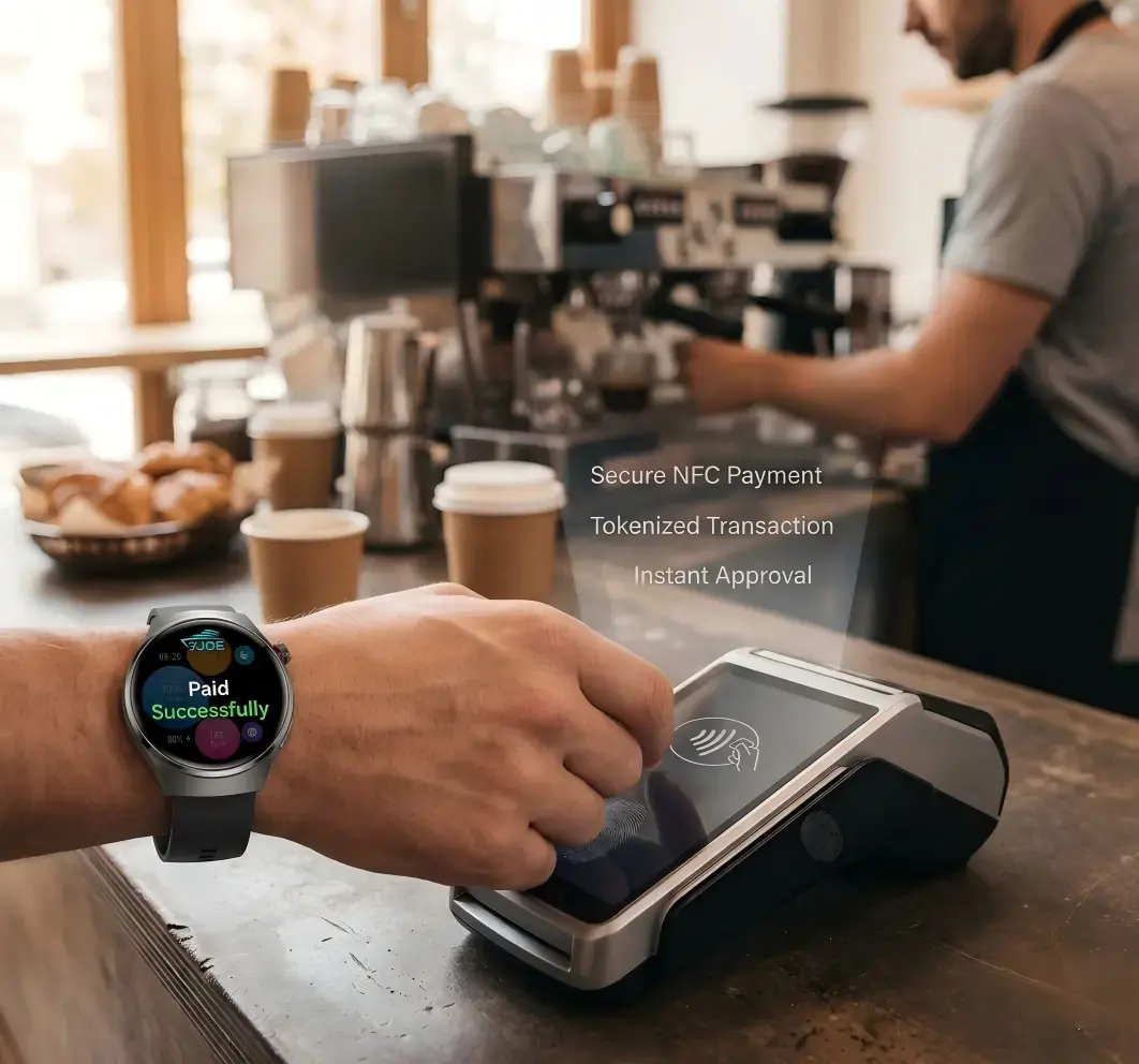 A smartwatch uses NFC to complete a contactless payment transaction at a coffee shop A smartwatch uses NFC to complete a contactless payment transaction at a coffee shop