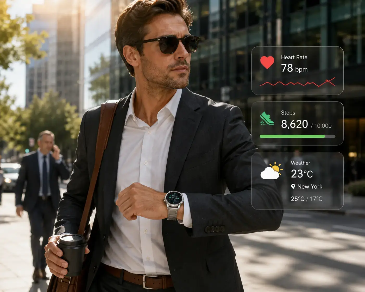 Professional wearing a stainless steel smartwatch outdoors Professional wearing a stainless steel smartwatch outdoors