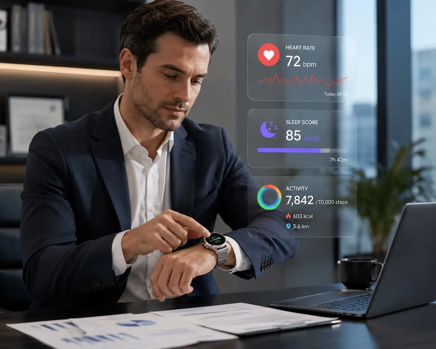 Man checking health data on a stainless steel smartwatch Man checking health data on a stainless steel smartwatch