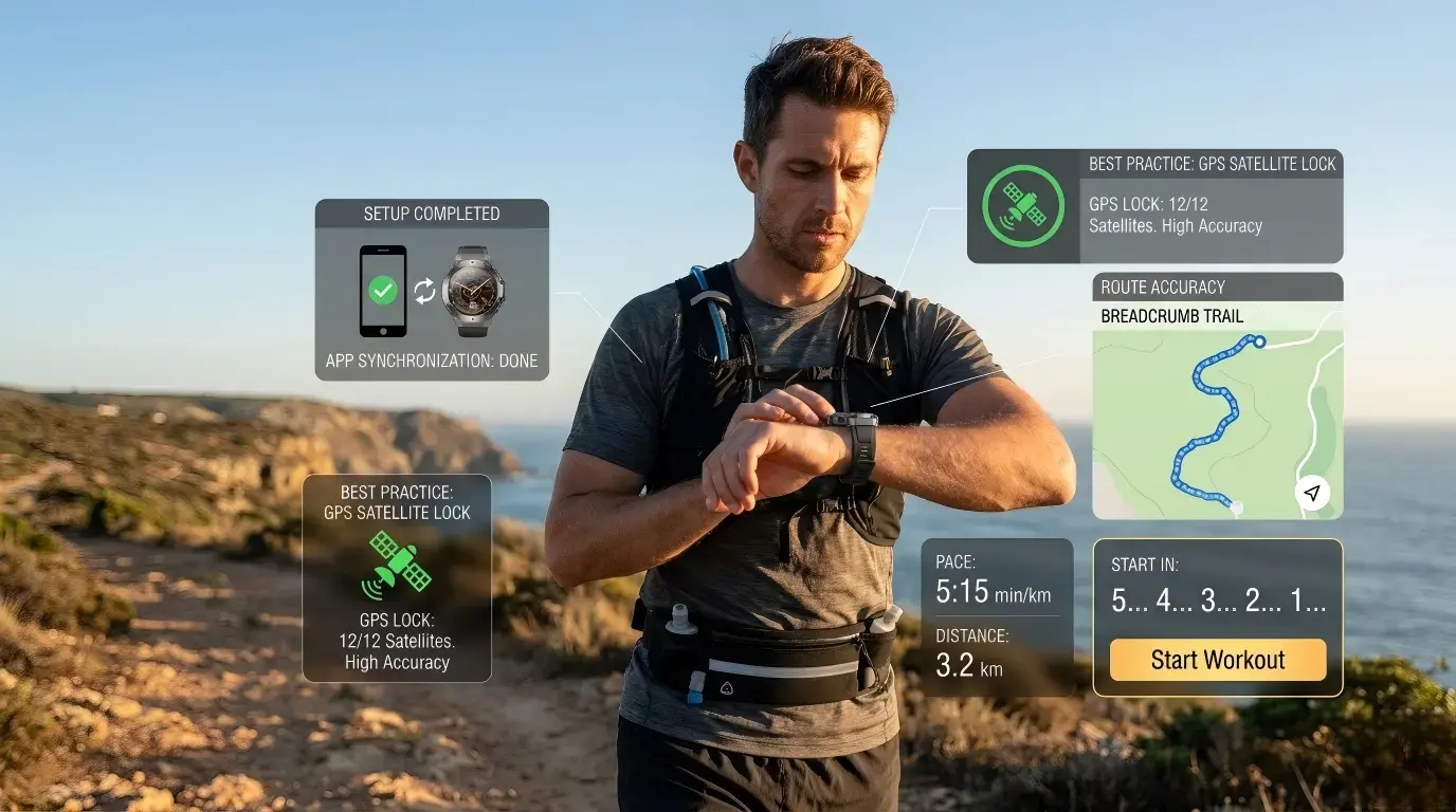 Runner setting up Athletic GPS Smartwatch outdoors.