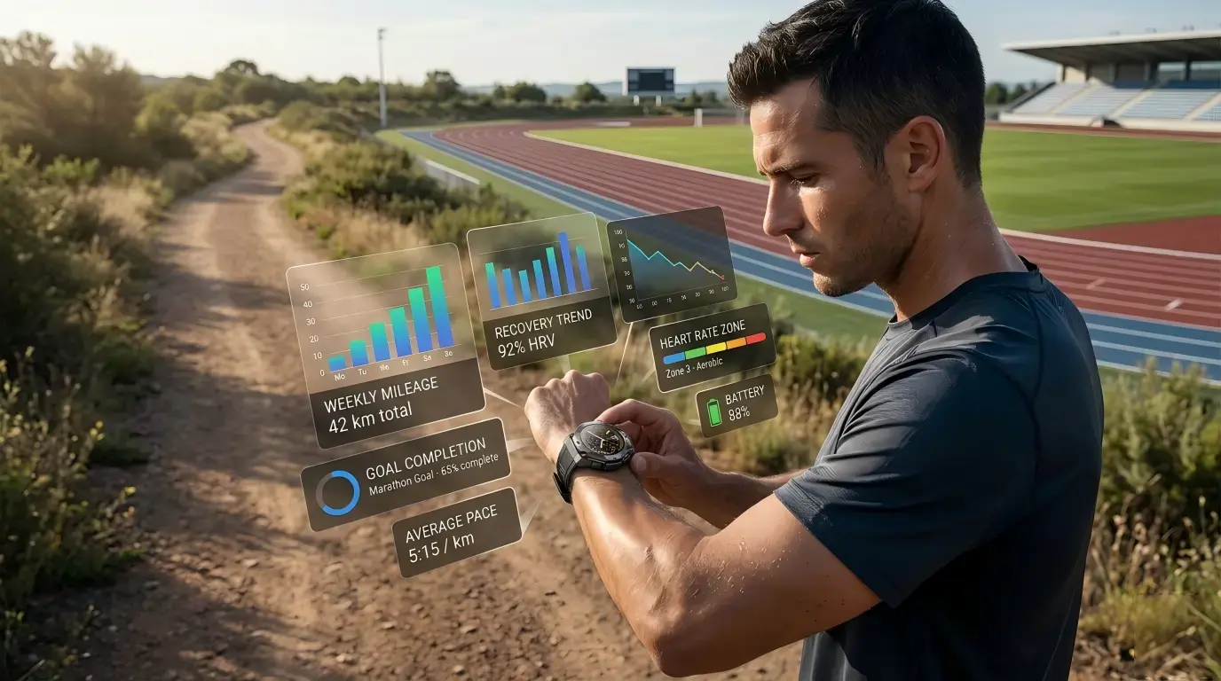 Athlete reviewing weekly workout progress on Athletic GPS Smartwatch