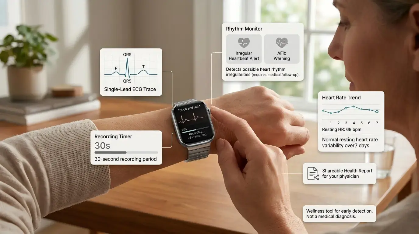 Person recording ECG data on ECG Sport Watch Person recording ECG data on ECG Sport Watch