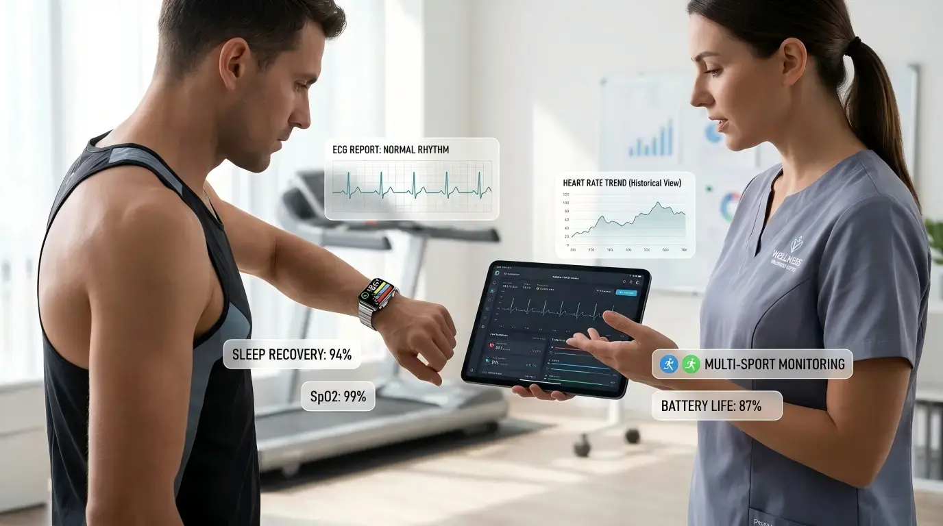 Coach reviewing ECG Sport Watch data with user.