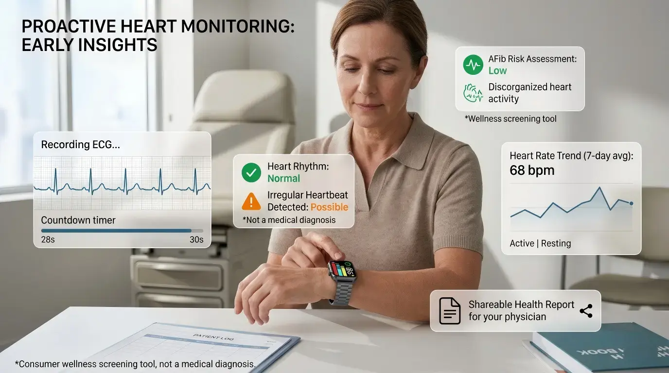 Person recording ECG rhythm on smartwatch.