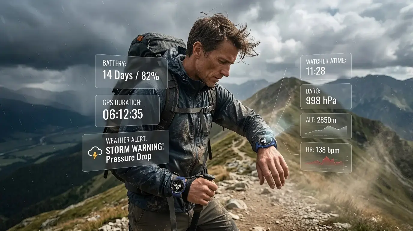 Hiker checking battery and weather data on GPS Outdoor Smartwatch