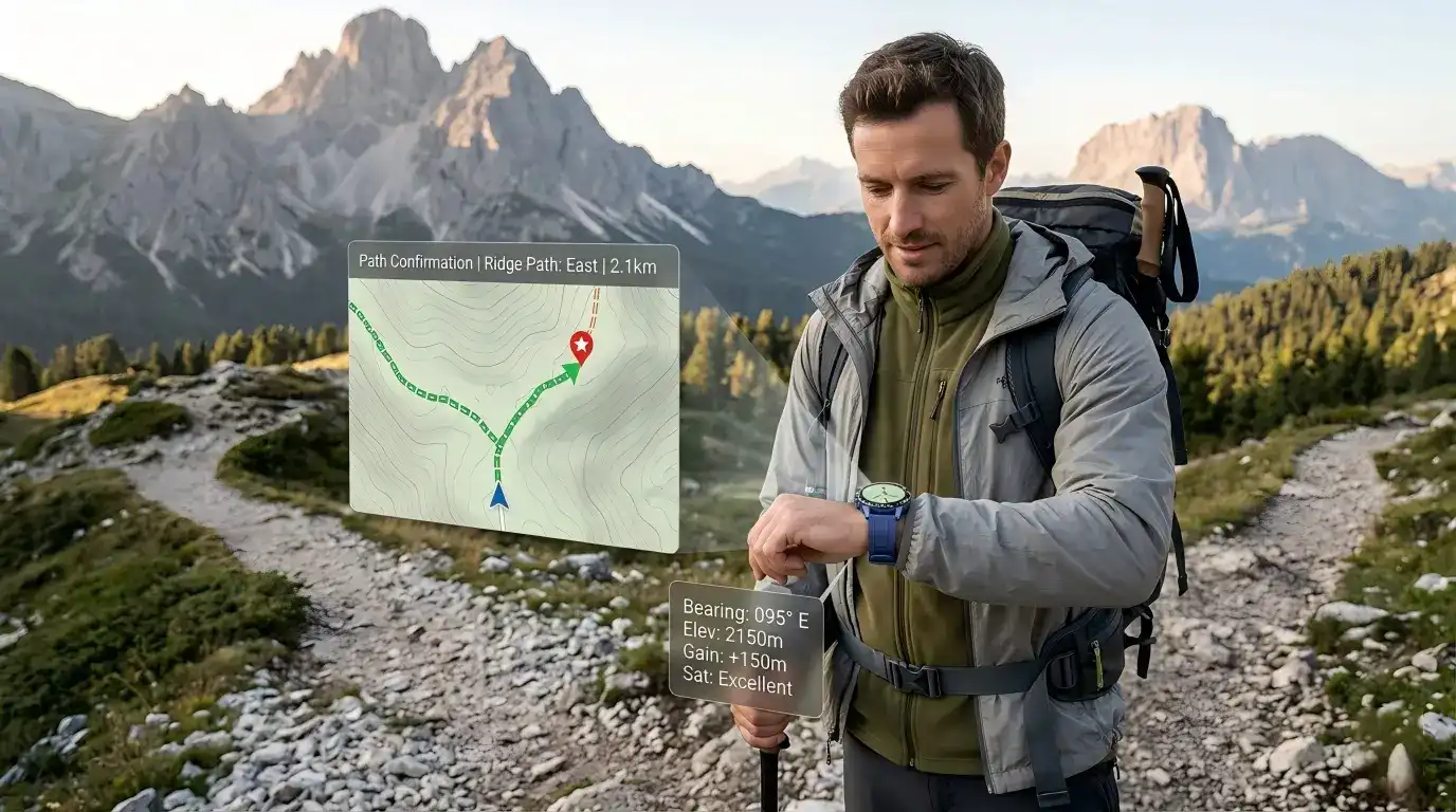 Hiker checking route guidance on Hiker checking route guidance on GPS Outdoor Smartwatch