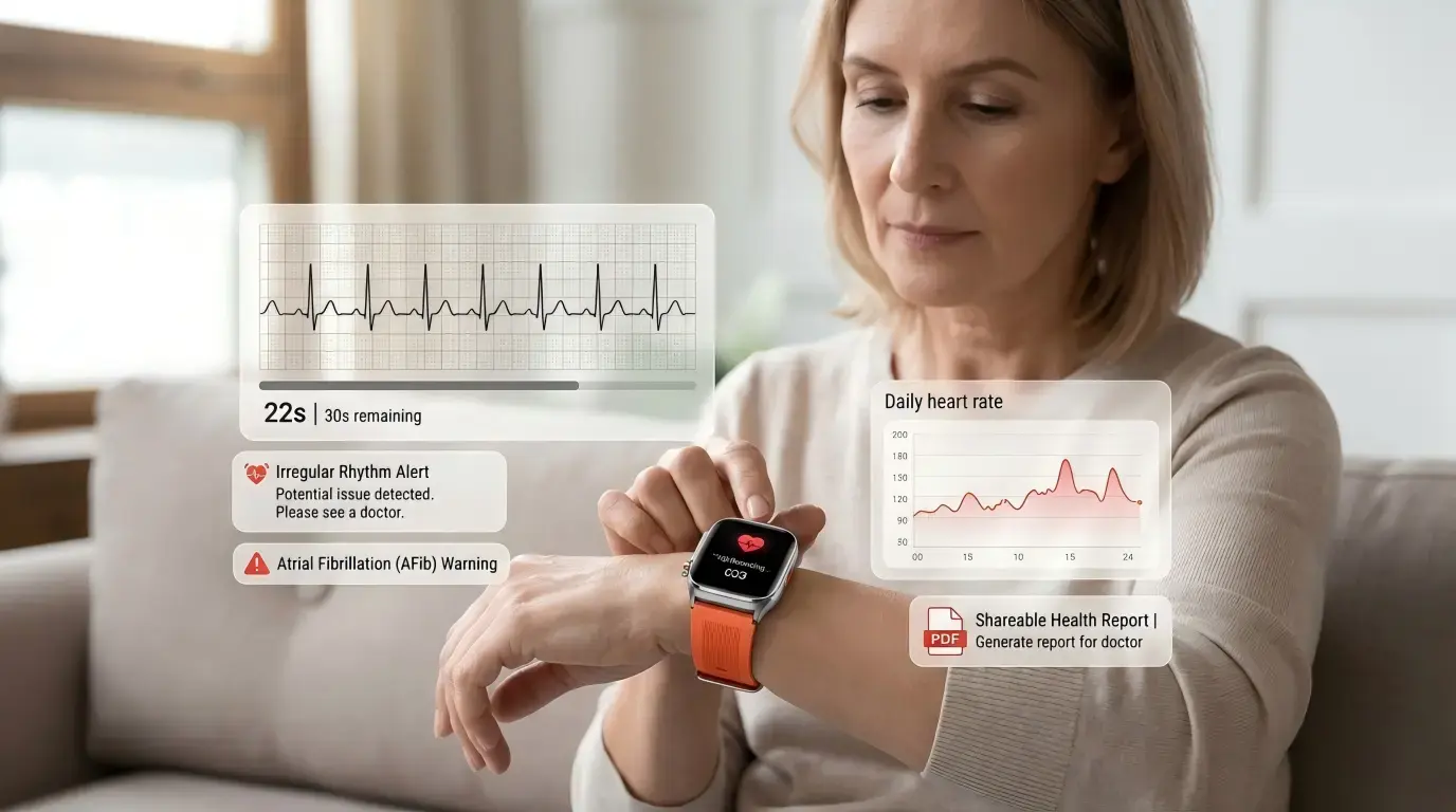 User recording ECG rhythm on smartwatch.