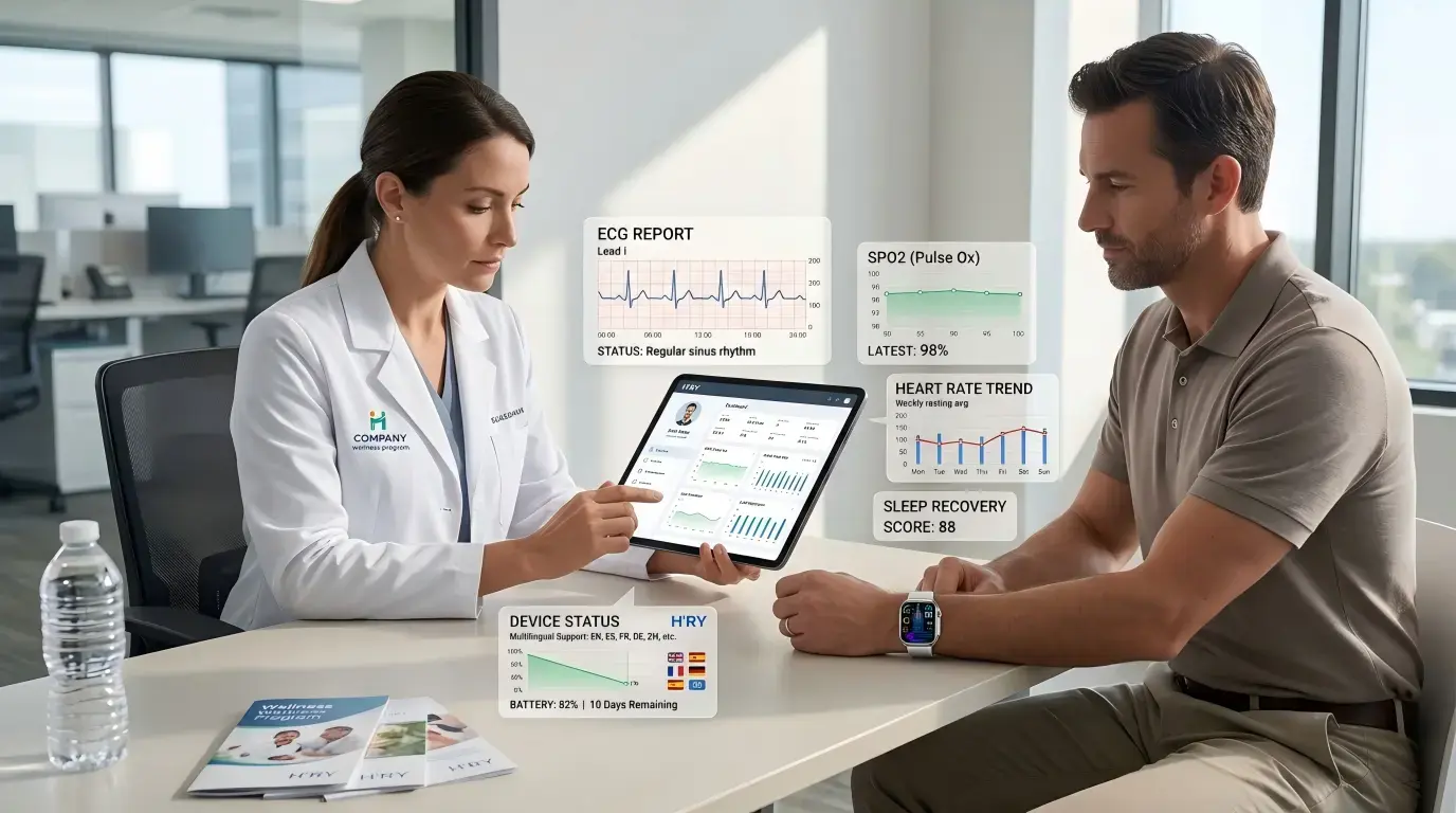 Clinician reviewing ECG smartwatch health data. Clinician reviewing ECG smartwatch health data.