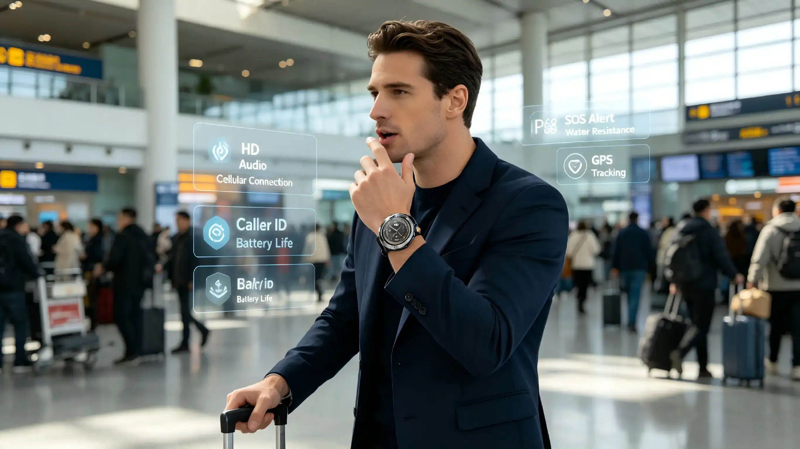 Professional taking a call directly from a voice call watch. Professional taking a call directly from a voice call watch.
