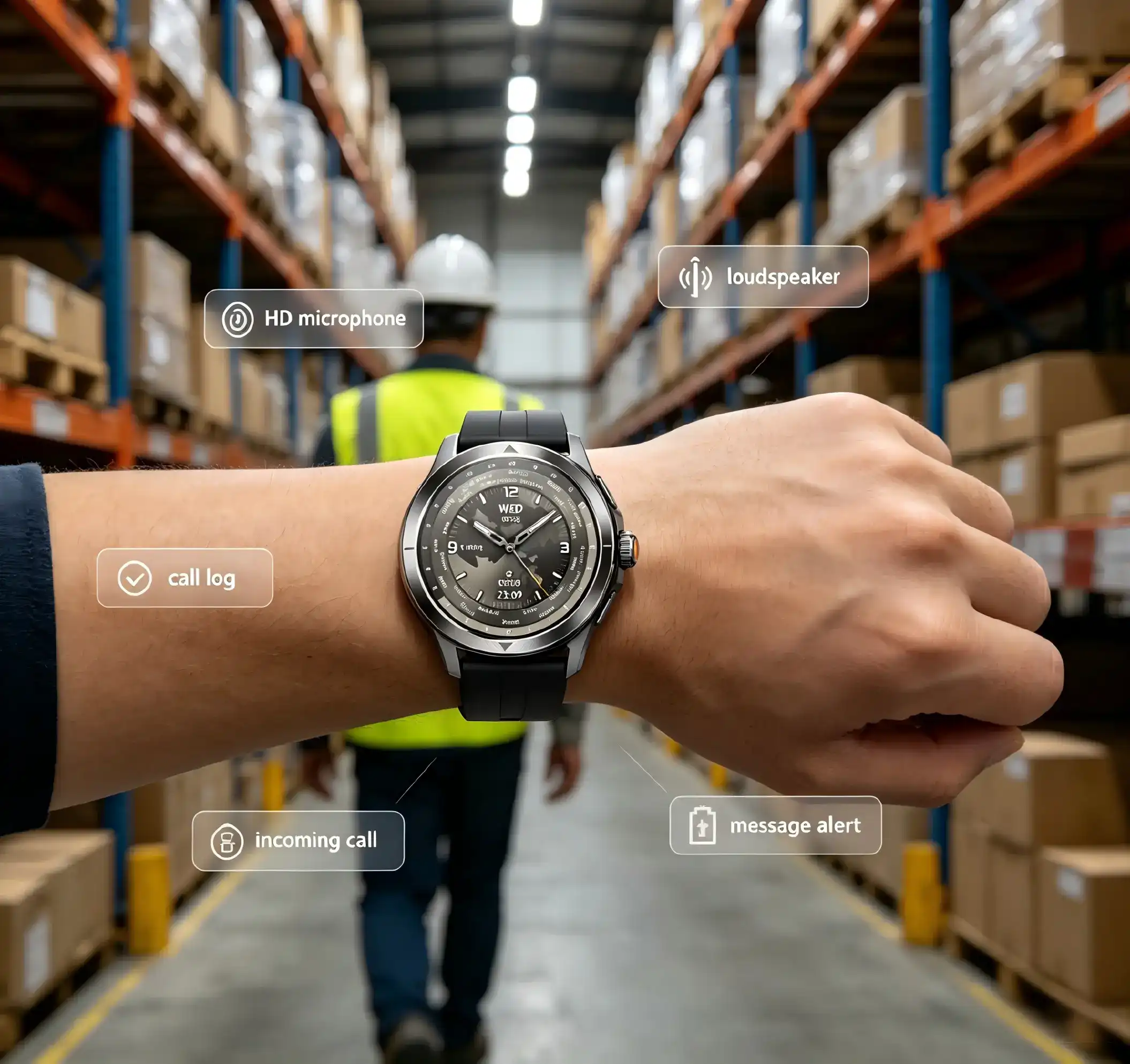 Worker answering calls hands-free with a voice call watch.