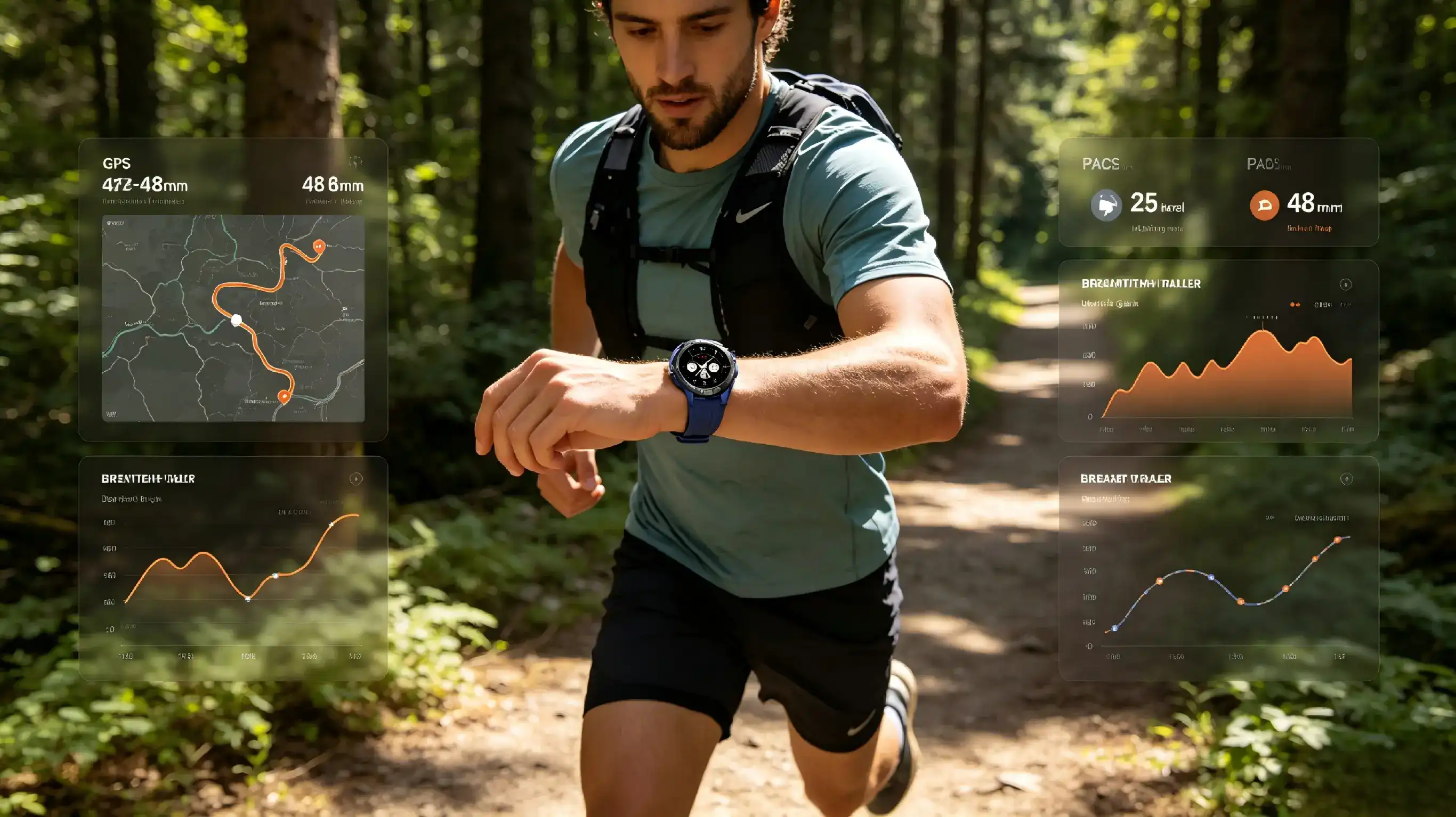 Athlete checking route and pace on smartwatch. Athlete checking route and pace on smartwatch.