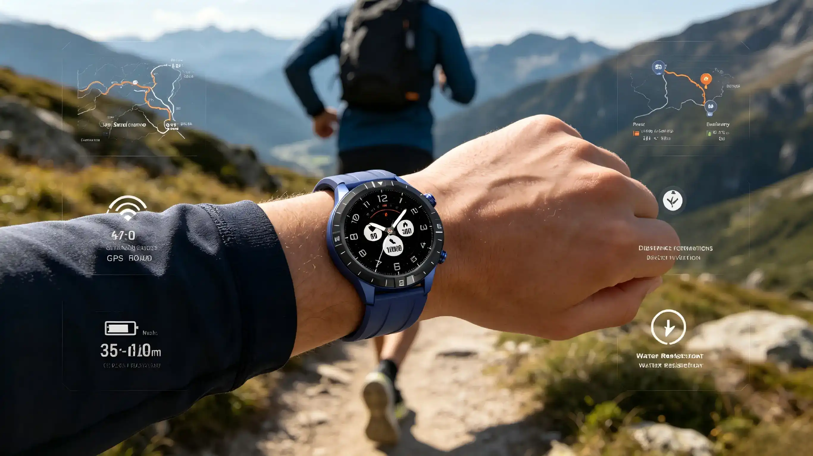Runner using GPS smartwatch for navigation and training. Runner using GPS smartwatch for navigation and training.