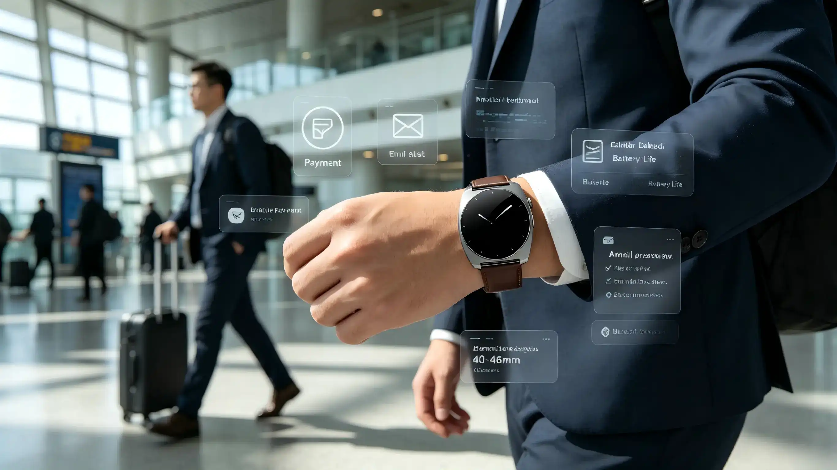 Business traveler using watch for payment and reminders.