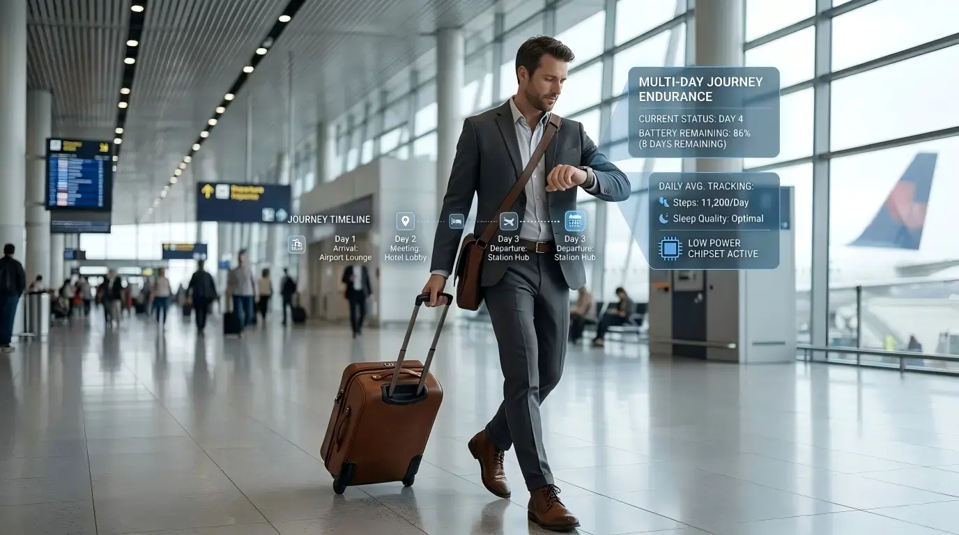 Traveler using a long battery life smartwatch during a multi-day trip.