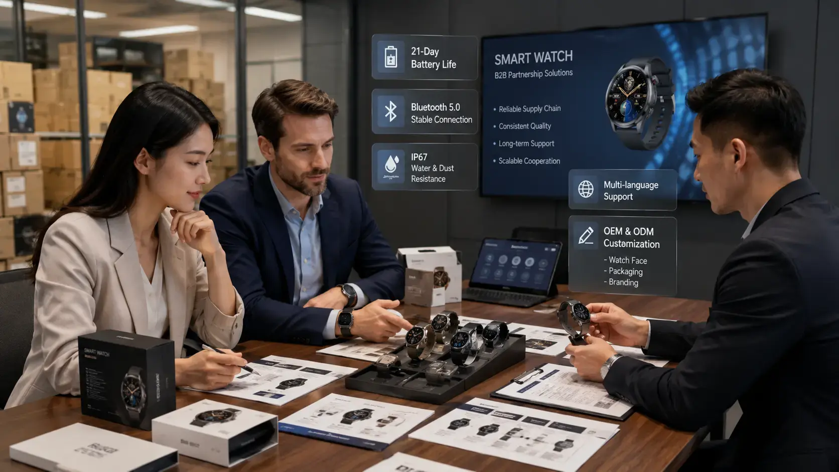 Business buyers evaluating long battery life smartwatches for distribution.
