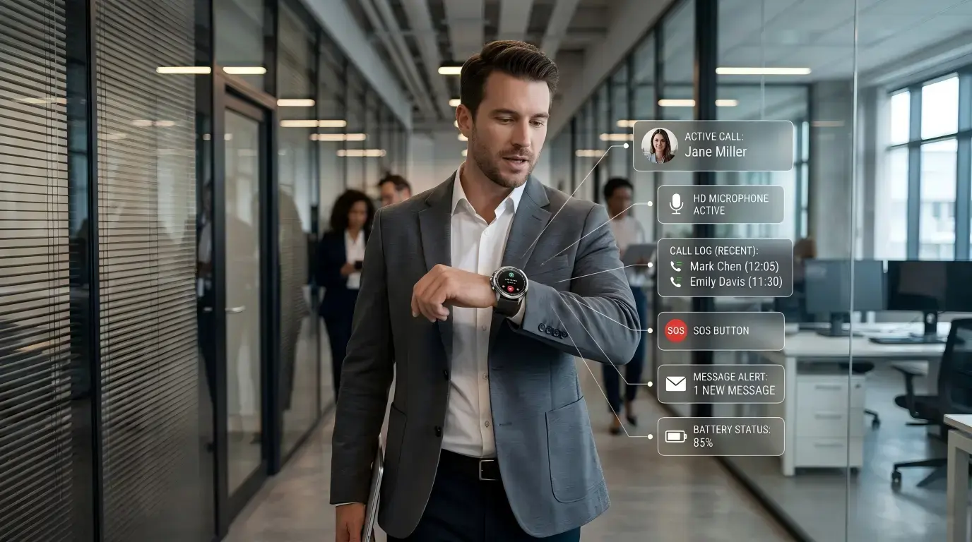 Business professional taking a call on a voice watch.