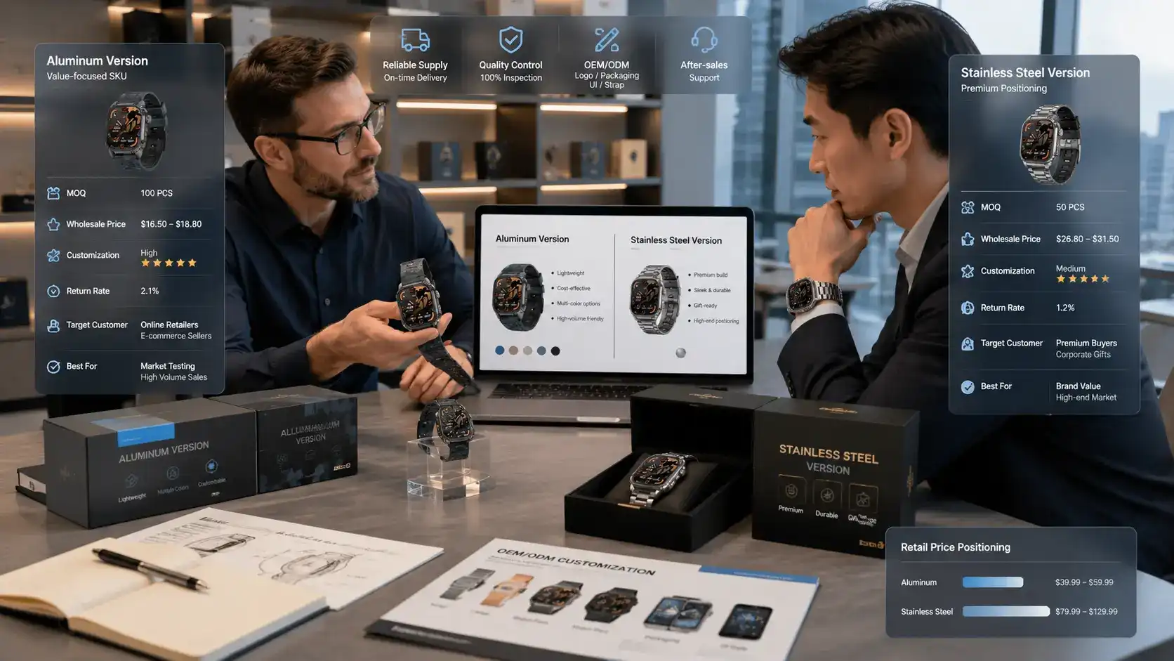 Business buyer evaluating aluminum and steel smartwatch product lines.