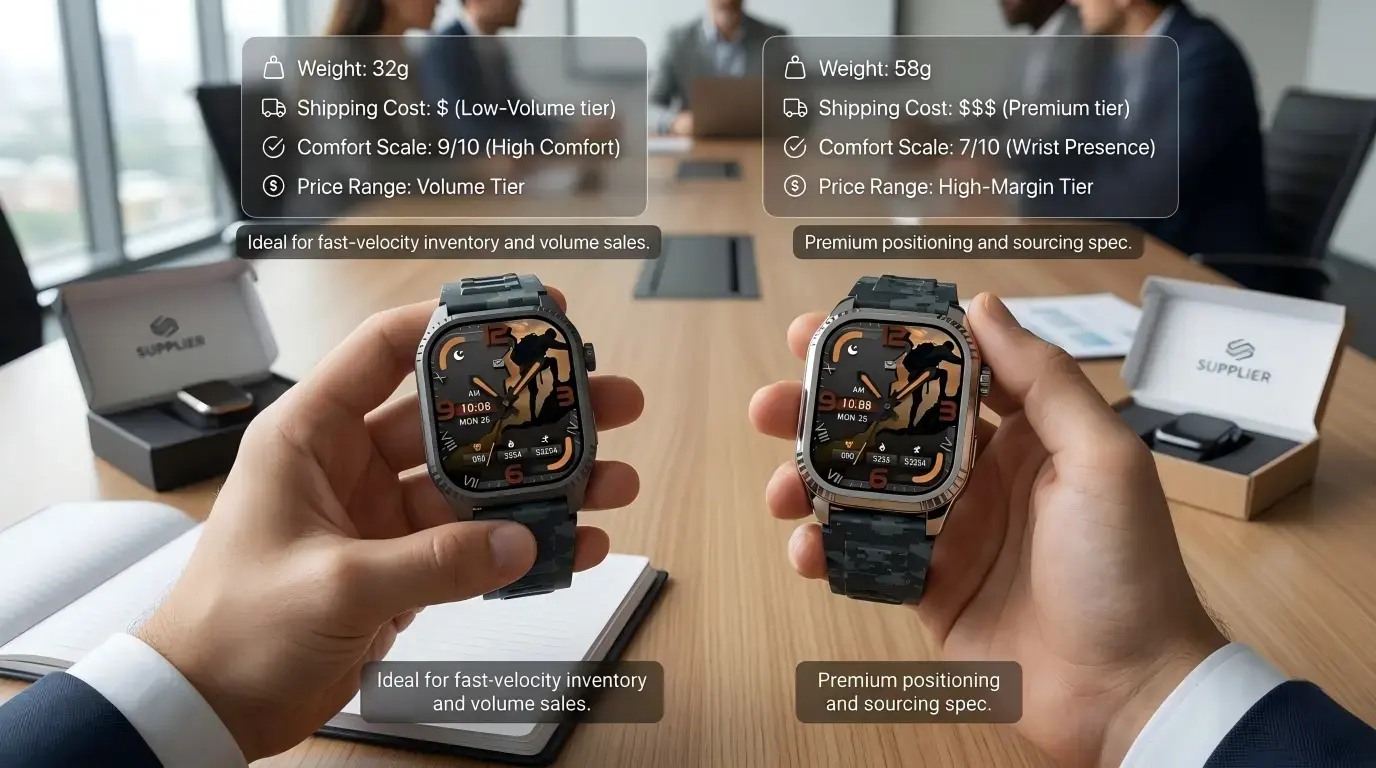 Buyer comparing lightweight aluminum and premium steel smartwatch.
