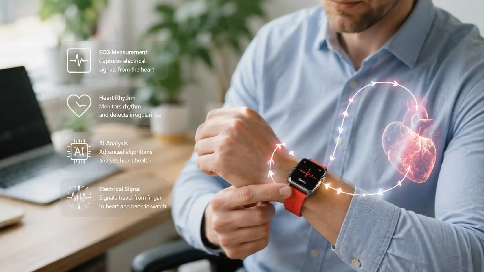 ECG Health smartwatch measuring heart electrical activity through finger contact. ECG Health smartwatch measuring heart electrical activity through finger contact.