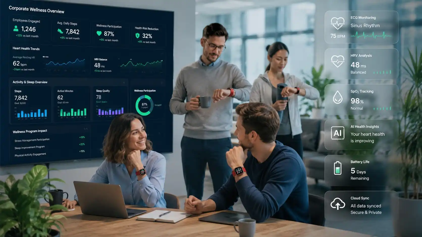 Employees using ECG smartwatches in a corporate wellness program. Employees using ECG smartwatches in a corporate wellness program.