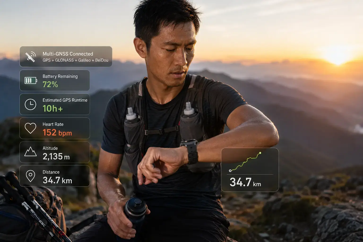 Athlete checking GPS smartwatch battery during trail run Athlete checking GPS smartwatch battery during trail run
