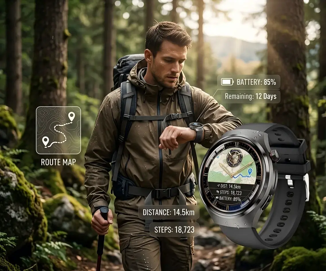 Hiker tracking GPS route and activity with a waterproof endurance smartwatch
