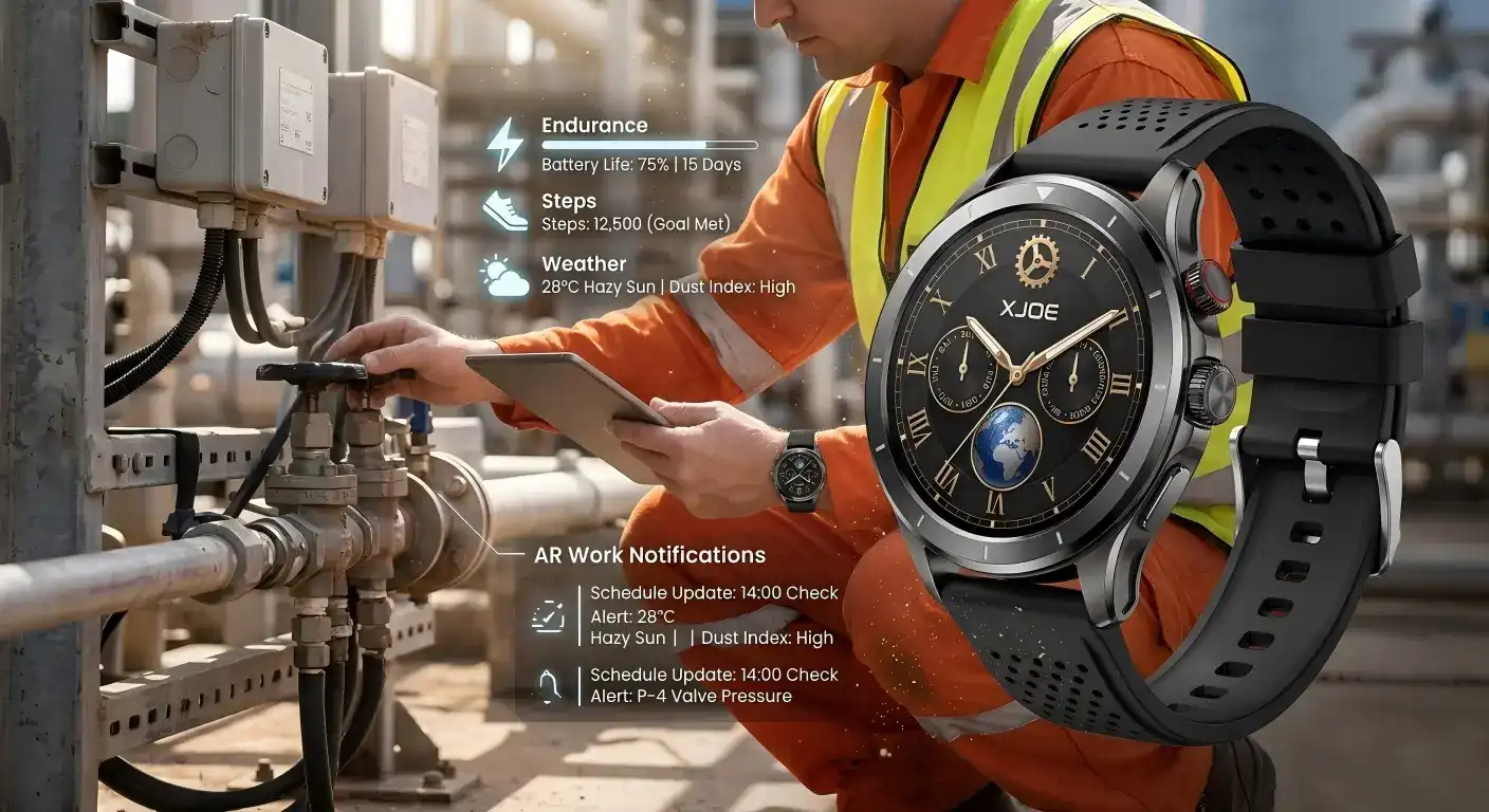 Field engineer using a durable waterproof smartwatch at an industrial worksite